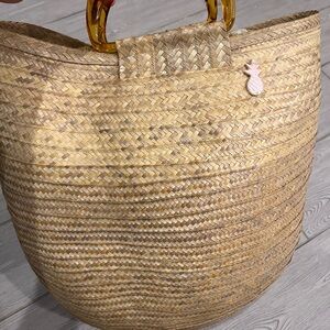 Elegant Tan and Brown Woven Straw Raffia XL Tote Bag with Curved TortoiseHandles